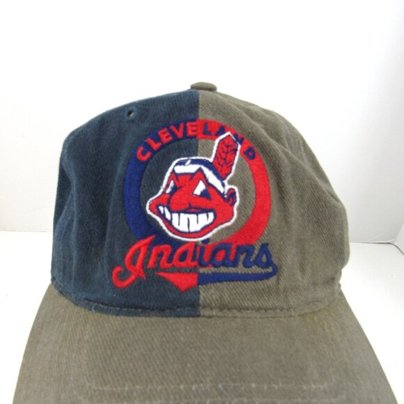 Vntg Cleveland Indians Embroidered Logo Men's Gray & Blue Adj Strap Back Cap Hat - Picture 1 of 9